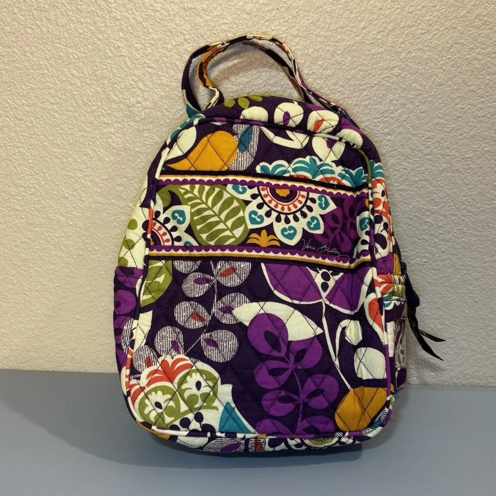 Vera Bradley Plum Crazy Purple Lunch Bag snack plastic lined exterior ID Holder